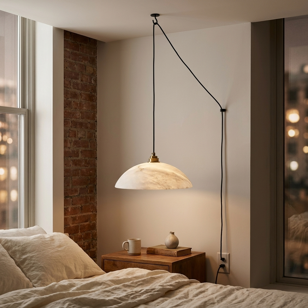 Charlize Plug In Alabaster Dome Swag Pendant Light 11.8 in. over a side table in a brick loft living room