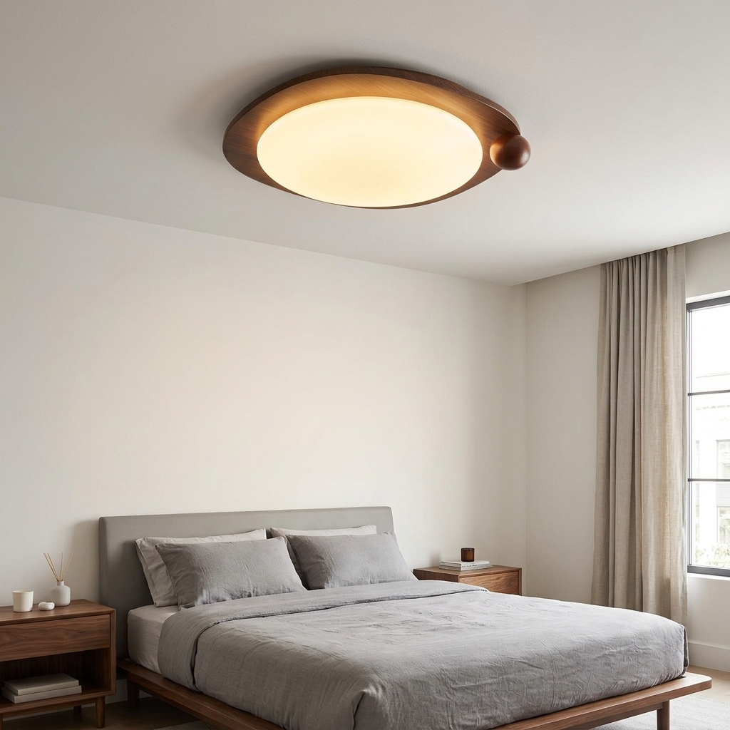 Zenaide Walnut Grain Low Profile LED Ceiling Light Model A in a modern bedroom