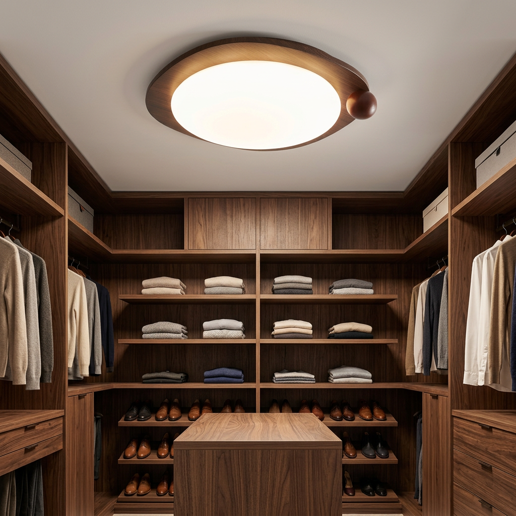 Zenaide Walnut Grain Low Profile LED Ceiling Light Model A in a walk-in closet