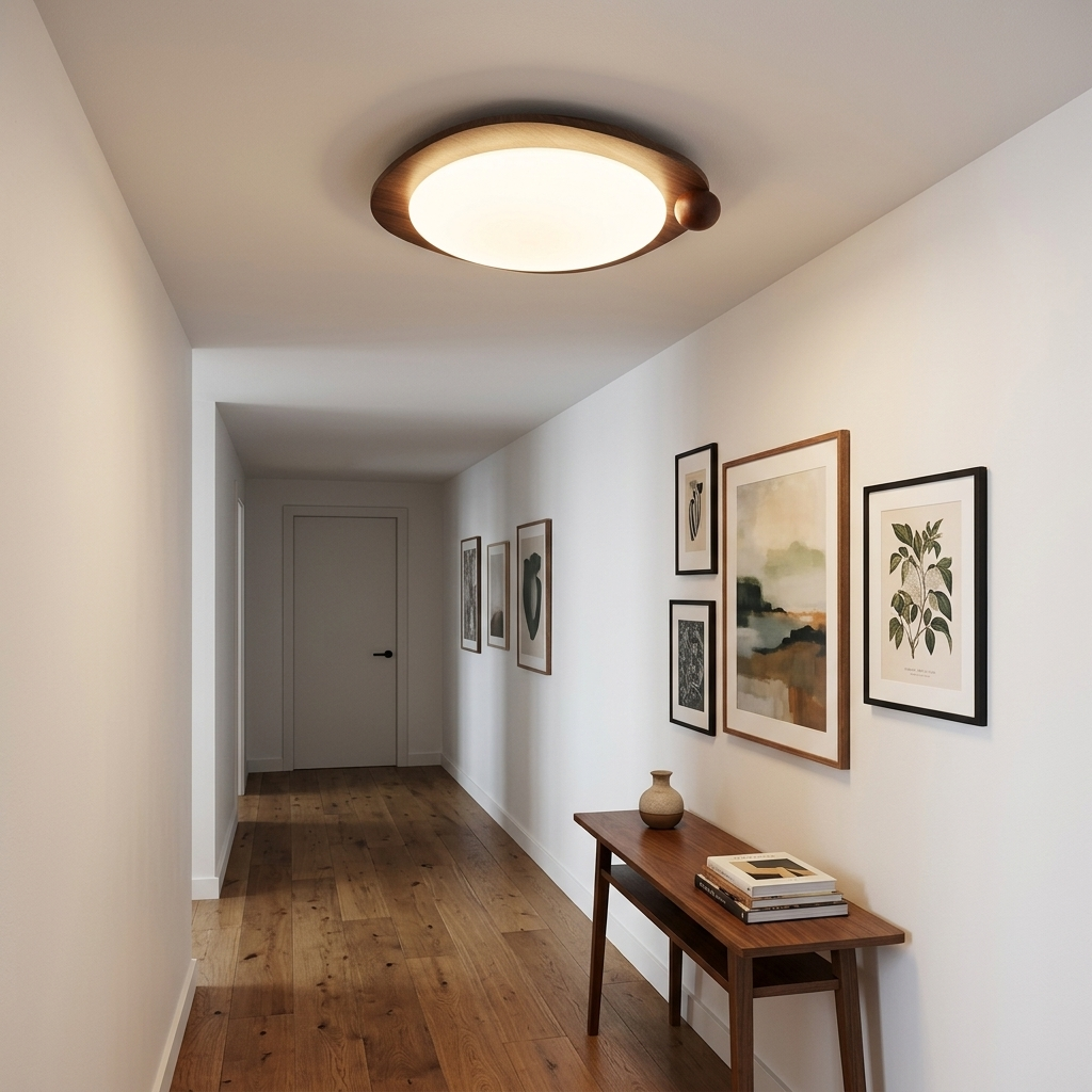 Zenaide Walnut Grain Low Profile LED Ceiling Light Model A in an apartment hallway