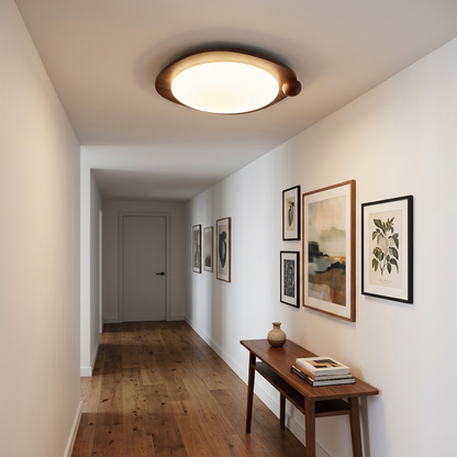 Zenaide Walnut Grain Low Profile LED Ceiling Light Model A in an apartment hallway
