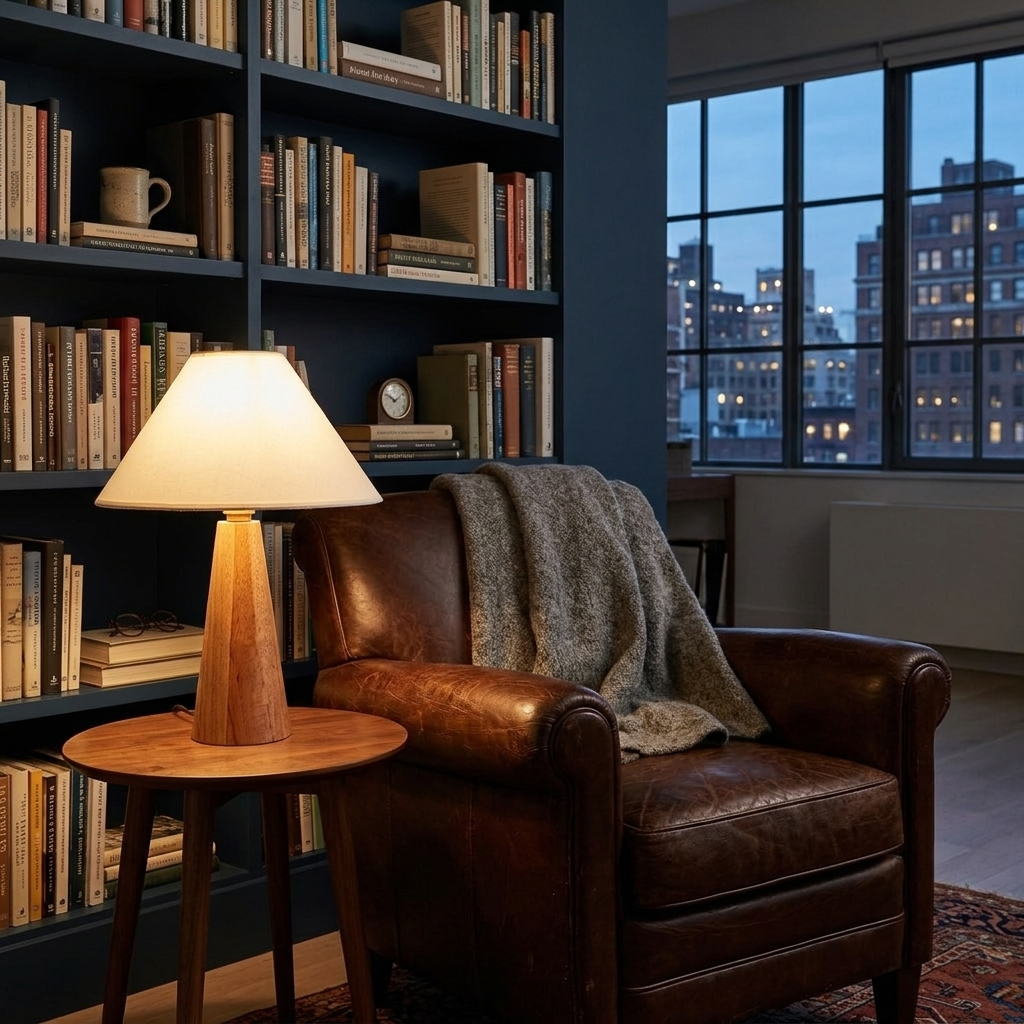 Ysolde Organic Wood Base Linen Table Lamp in a reading corner