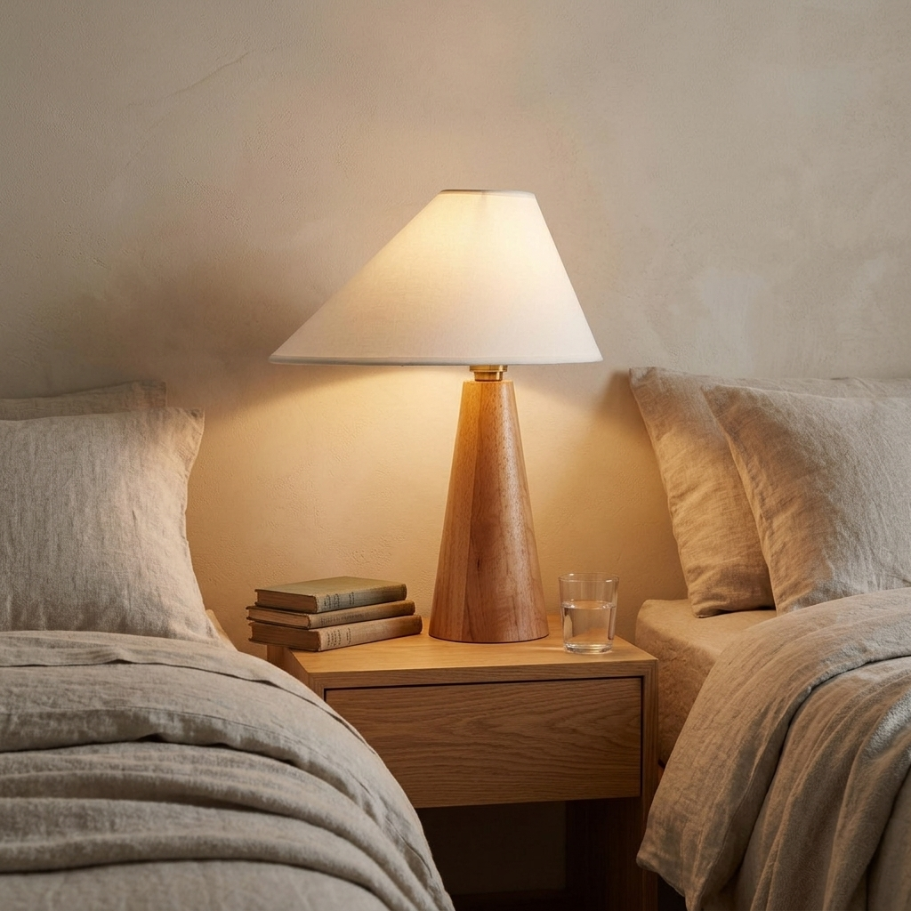 Ysolde Organic Wood Base Linen Table Lamp on a bedroom nightstand