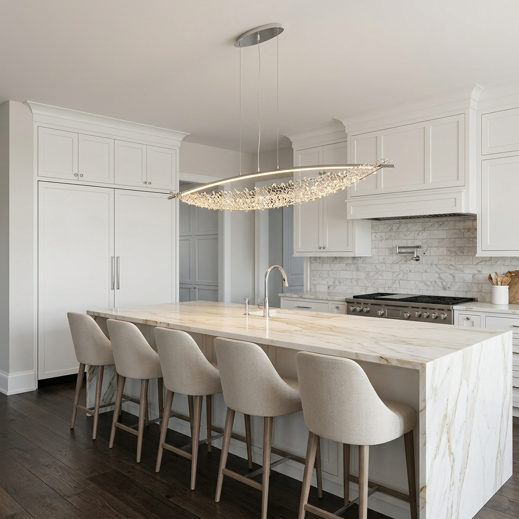 Zelie Chrome Crystal Net Linear LED Pendant Light Warm Light over a kitchen island