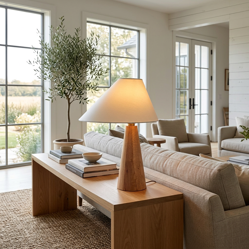 Ysolde Organic Wood Base Linen Table Lamp on a living room console