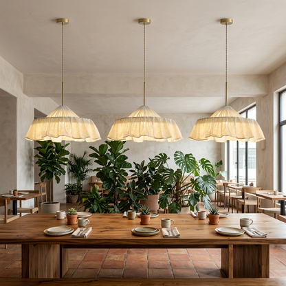 Xaviere Pleated Linen Fabric Pendant Light 19.7″ in a cafe restaurant