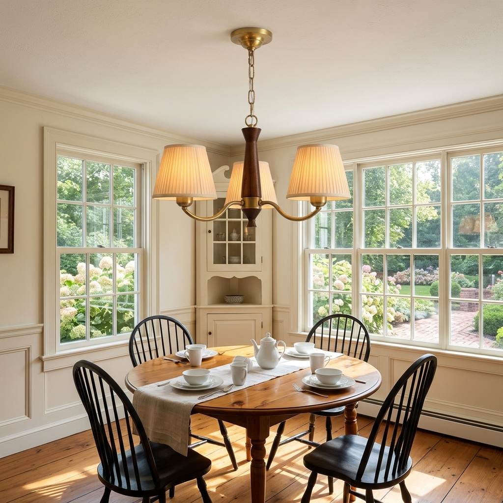 Viviane Walnut Wood and Brass Fabric Cone Chandelier 3 Heads in a breakfast room