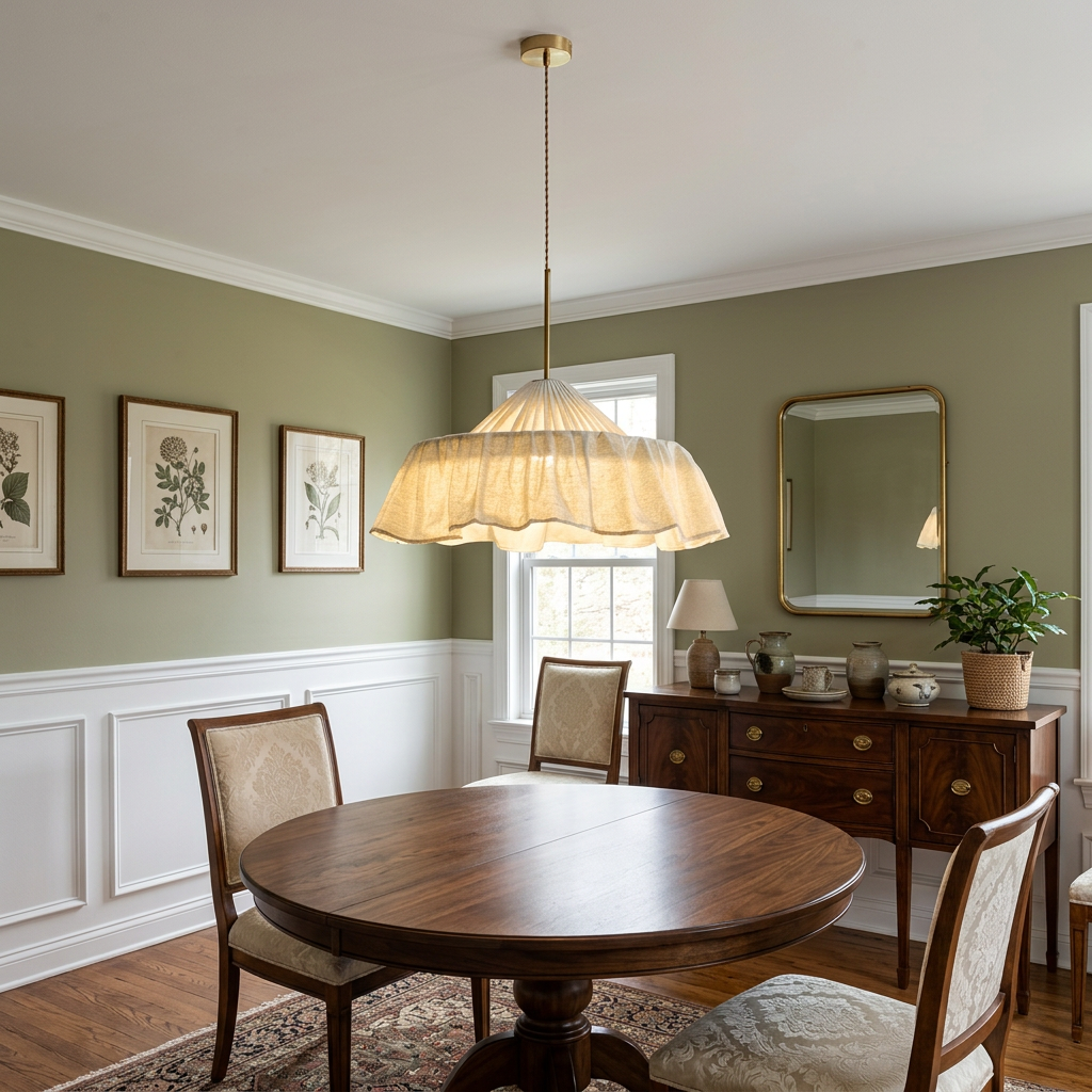 Xaviere Pleated Linen Fabric Pendant Light 19.7″ in a traditional dining room