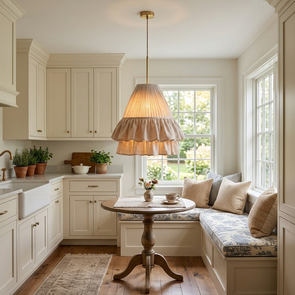 Xaviere Pleated Linen Fabric Pendant Light 14.6″ in a breakfast nook