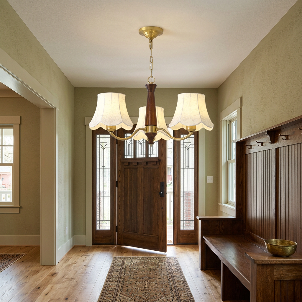 Viviane Walnut Wood and Brass Fabric Cone Chandelier 3 Heads in a bungalow entryway
