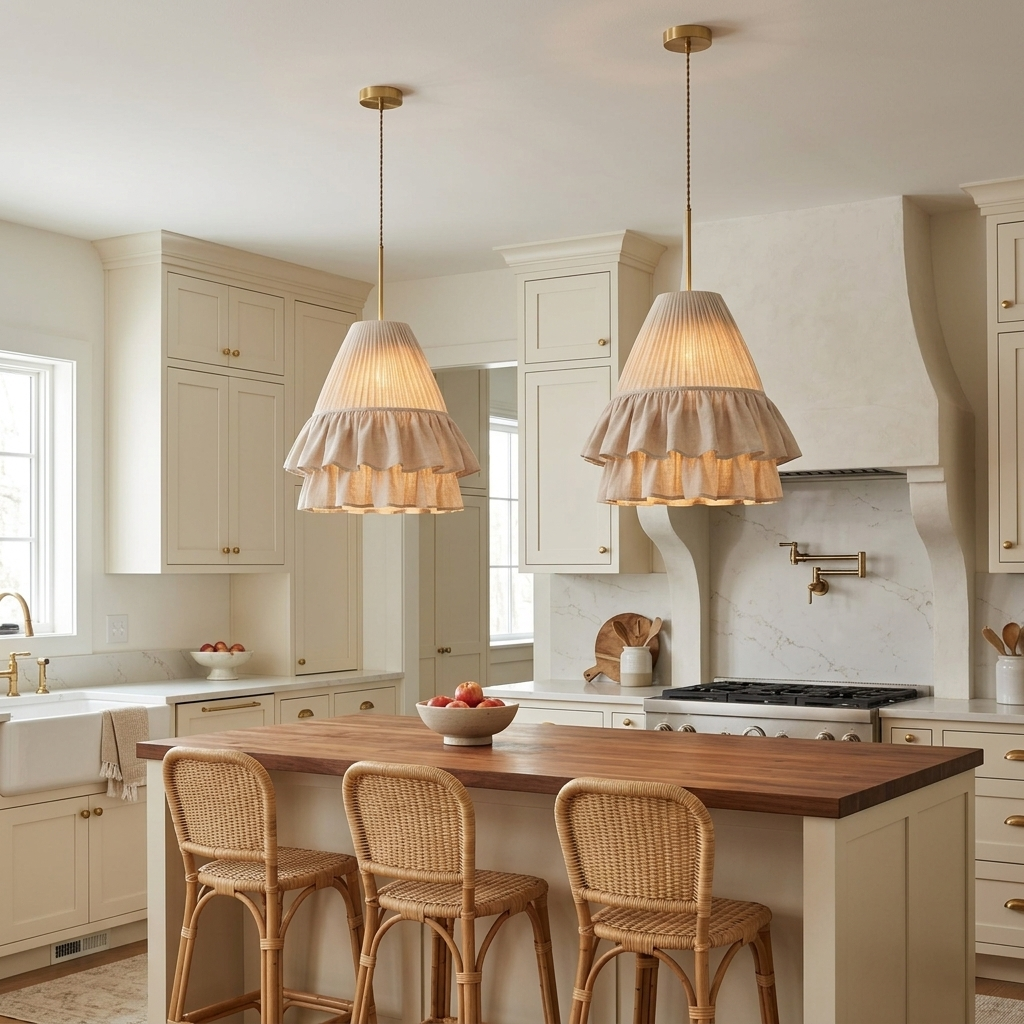 Xaviere Pleated Linen Fabric Pendant Light 14.6″ over a kitchen island