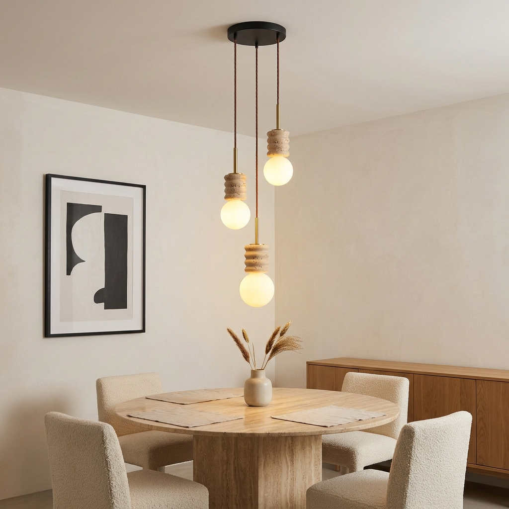 Violaine Yellow Travertine Ribbed Pendant Light 3 Lights over a dining table