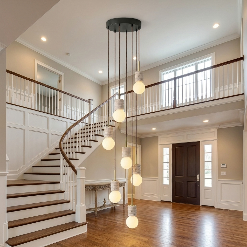 Violaine Yellow Travertine Ribbed Pendant Light 7 Lights in a two-story foyer