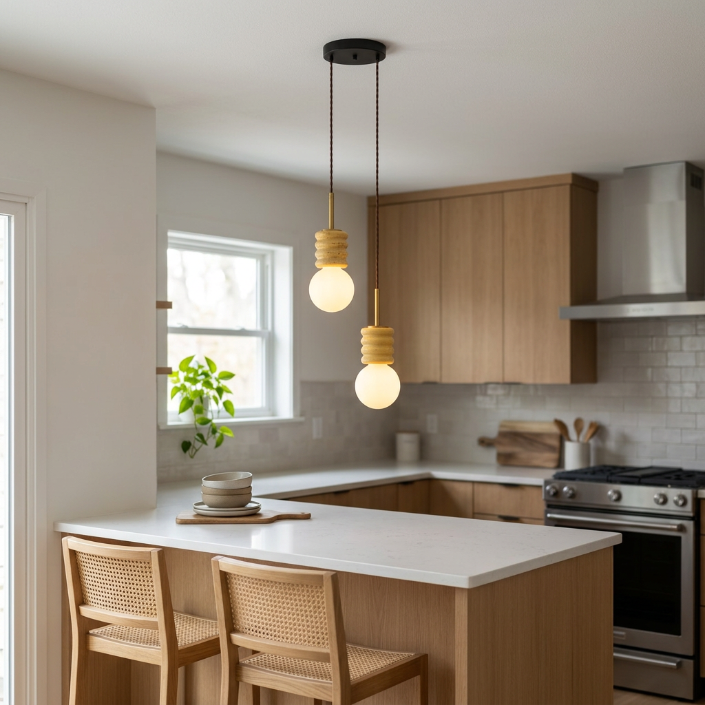 Violaine Yellow Travertine Ribbed Pendant Light 2 Lights over a kitchen peninsula