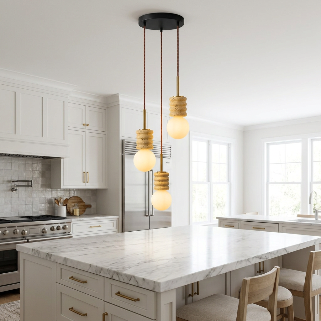 Violaine Yellow Travertine Ribbed Pendant Light 3 Lights over a kitchen island