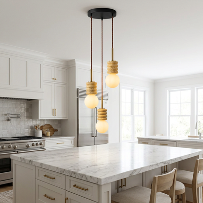 Violaine Yellow Travertine Ribbed Pendant Light 3 Lights over a kitchen island