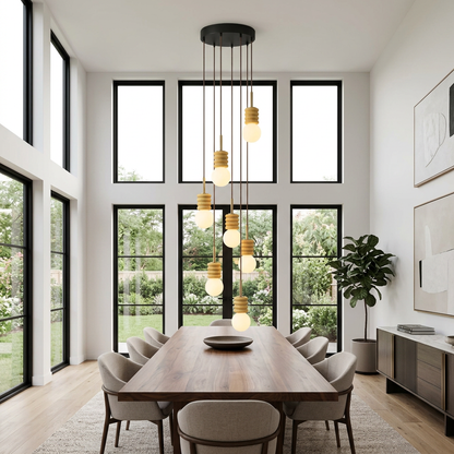 Violaine Yellow Travertine Ribbed Pendant Light 7 Lights in a double-height dining room