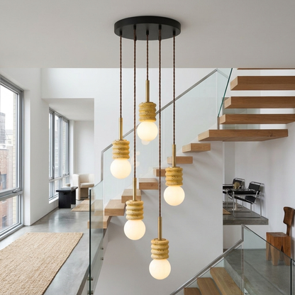Violaine Yellow Travertine Ribbed Pendant Light 5 Lights in a townhouse stairwell