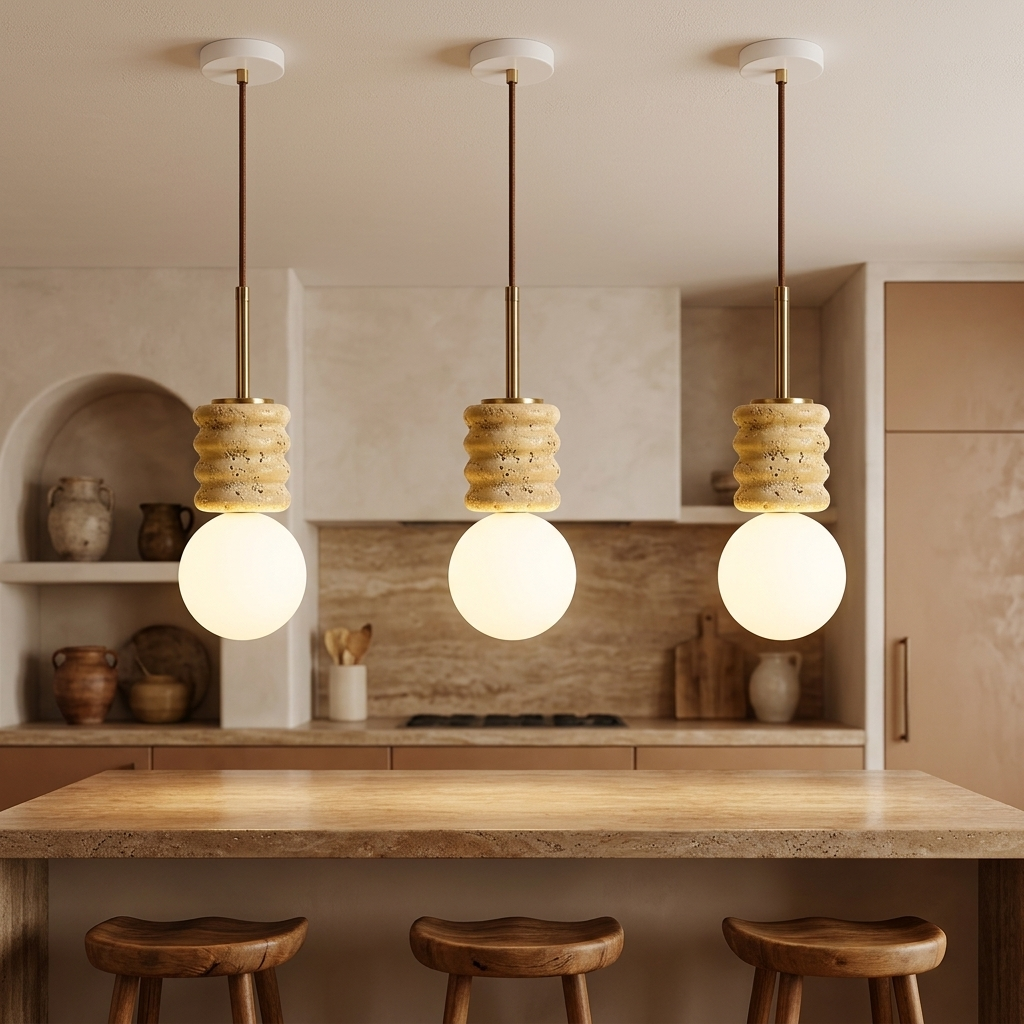 Violaine Yellow Travertine Ribbed Pendant Light 1 Light over a kitchen island