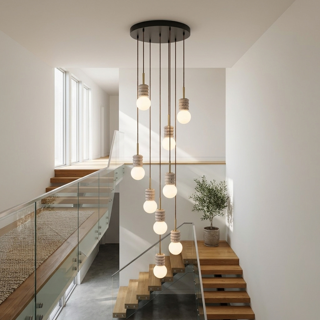 Violaine Yellow Travertine Ribbed Pendant Light 9 Lights in a modern stairwell