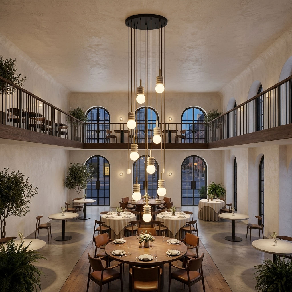 Violaine Yellow Travertine Ribbed Pendant Light 12 Lights in a double-height restaurant