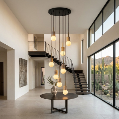 Violaine Yellow Travertine Ribbed Pendant Light 9 Lights in a double-height entry