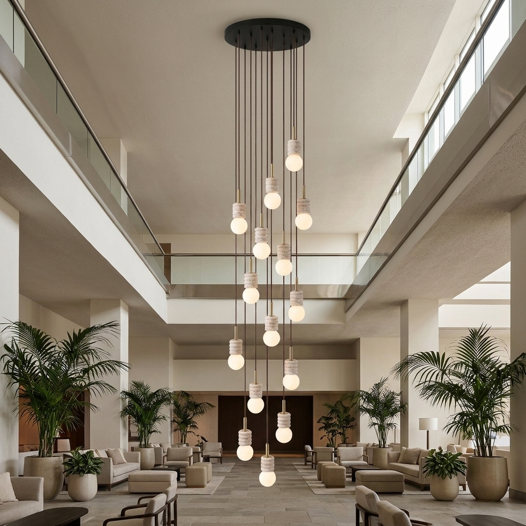 Violaine Yellow Travertine Ribbed Pendant Light 15 Lights in a hotel lobby atrium