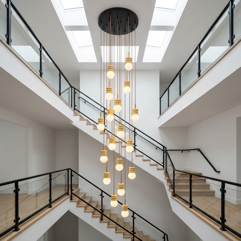 Violaine Yellow Travertine Ribbed Pendant Light 18 Lights in a three-story stairwell