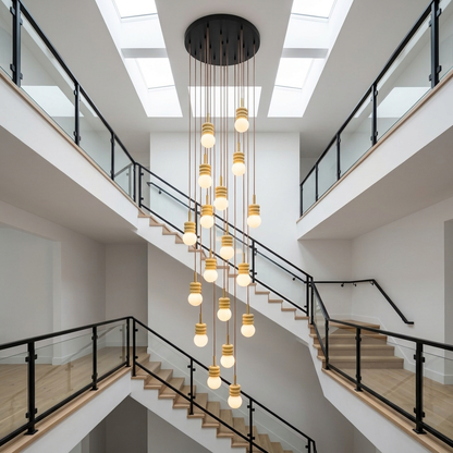 Violaine Yellow Travertine Ribbed Pendant Light 18 Lights in a three-story stairwell