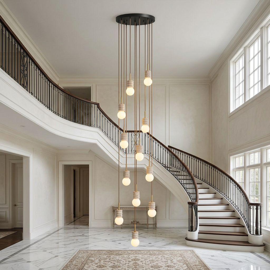 Violaine Yellow Travertine Ribbed Pendant Light 12 Lights in a two-story foyer