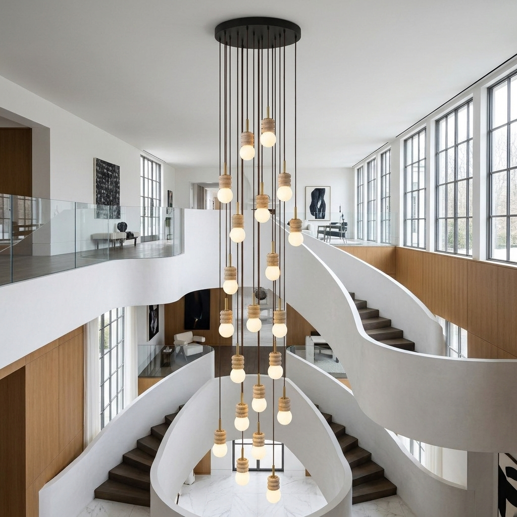 Violaine Yellow Travertine Ribbed Pendant Light 21 Lights in a three-story stairwell