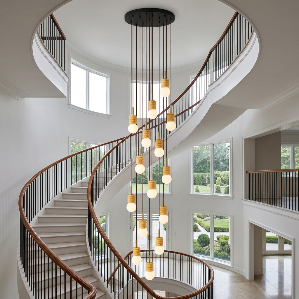 Violaine Yellow Travertine Ribbed Pendant Light 15 Lights in a spiral staircase atrium