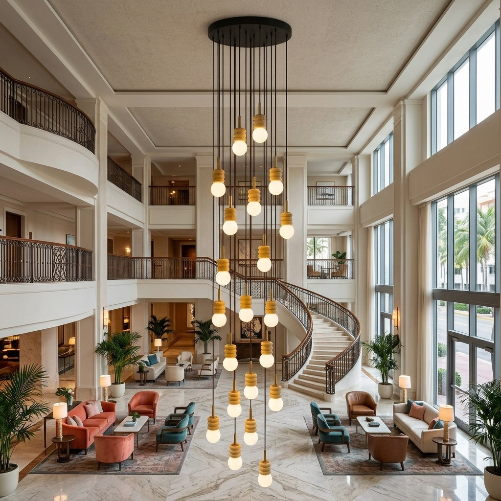 Violaine Yellow Travertine Ribbed Pendant Light 21 Lights in a grand hotel lobby