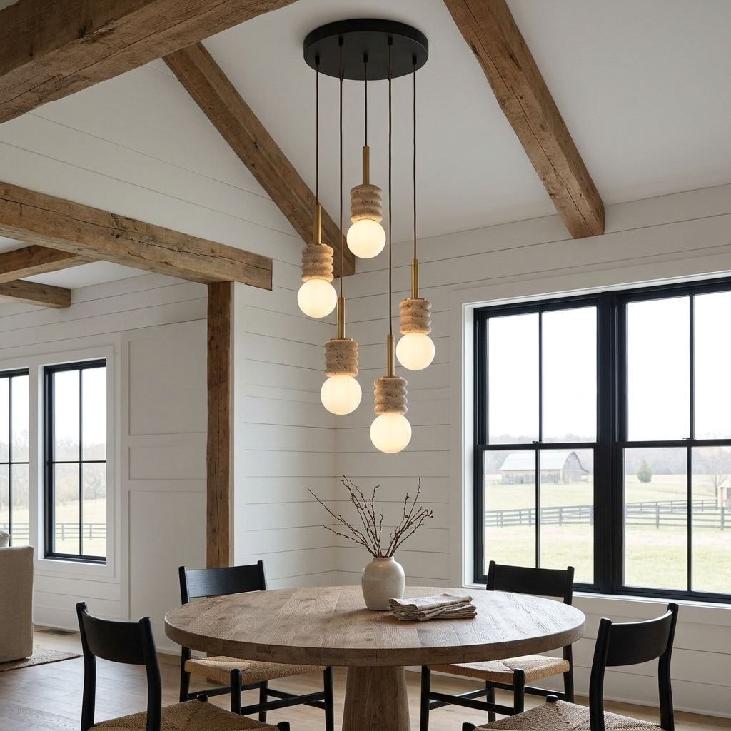 Violaine Yellow Travertine Ribbed Pendant Light 5 Lights in a vaulted dining room