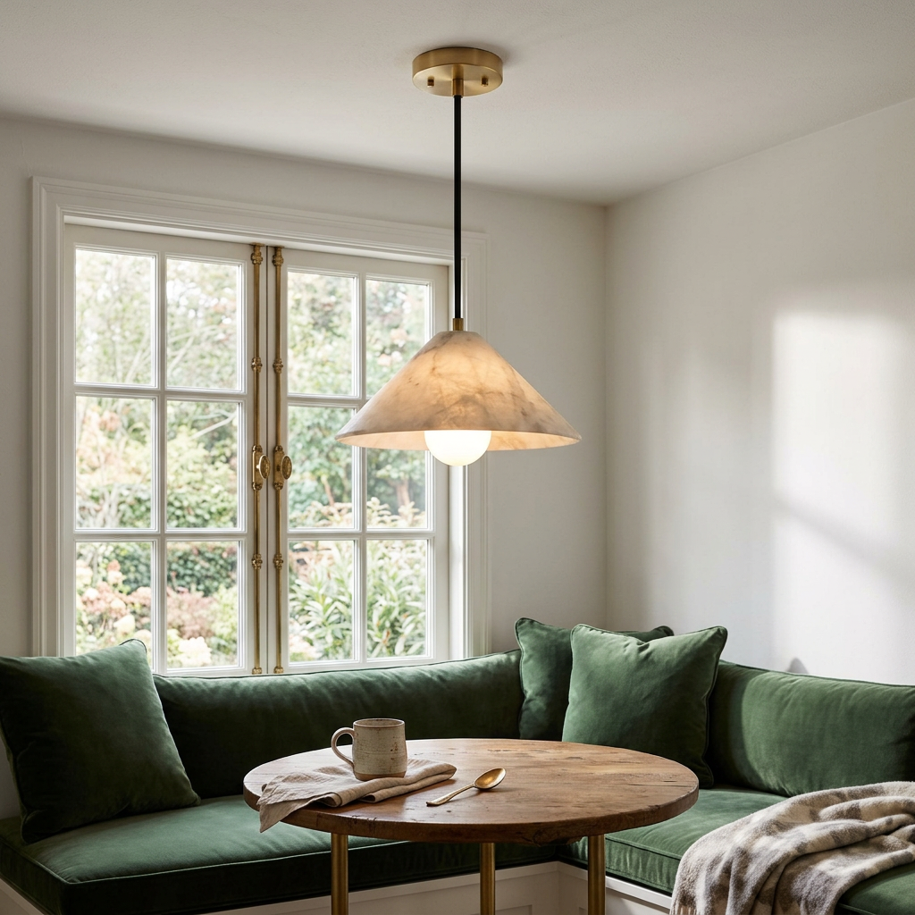 Zephyrine Alabaster Cone Brass Pendant Light Single in a breakfast nook
