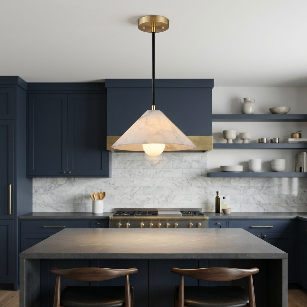 Zephyrine Alabaster Cone Brass Pendant Light Single over a kitchen island