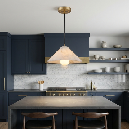 Zephyrine Alabaster Cone Brass Pendant Light Single over a kitchen island