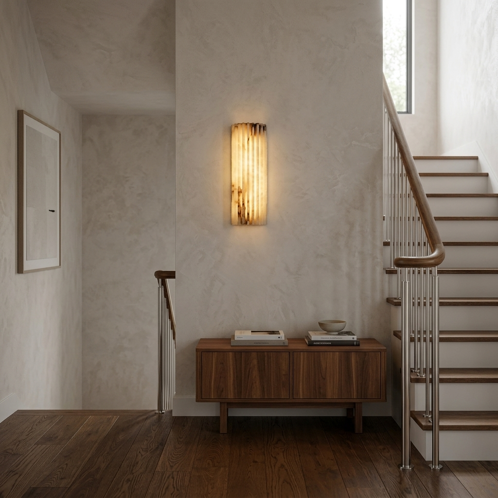 Vianney Ribbed Alabaster LED Wall Sconce on a stair landing