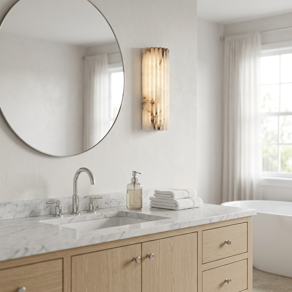 Vianney Ribbed Alabaster LED Wall Sconce in a bathroom