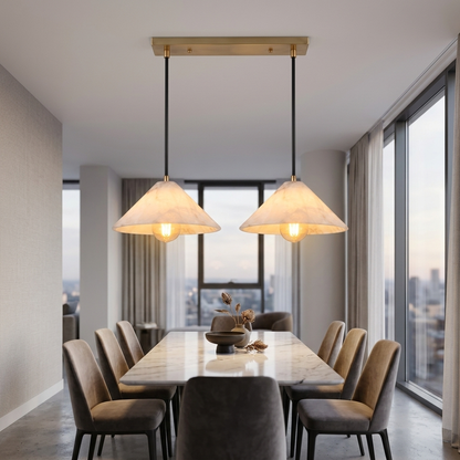 Zephyrine Alabaster Cone Brass Pendant Light Linear 23.6″ in an apartment dining area